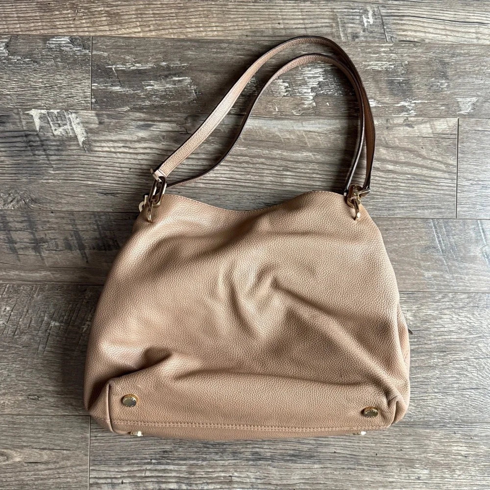 Michael Kors Leighton Satchel Shoulder Bag Gold Chain Camel Pebbled Leather Chic